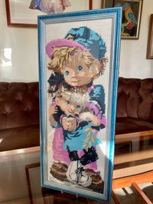Vintage Wool Needlepoint Brother & Sister Wall Art Framed Textile Decor