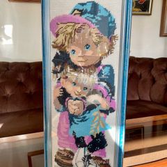 Vintage Wool Needlepoint Brother & Sister Wall Art Framed Textile Decor