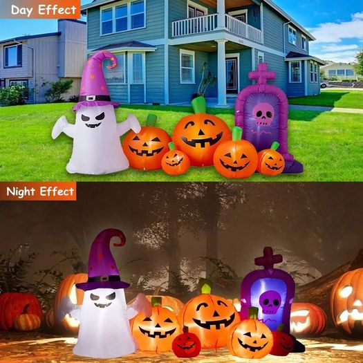 7.5FT Long Halloween Inflatables Pumpkins with Ghost Blow up Outdoor Holiday Decoration Cute Pumpkins Ghost with Witchs Hat Yard Decorations with Build in LEDs for Halloween Indoor Garden Lawn Decor