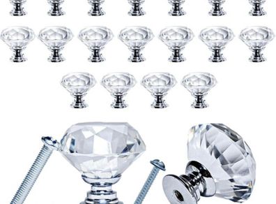 20Pcs Crystal Door Knobs for Cupboards with 40 Screws of 2 Sizes 25mm, 10mm, Diamond Shape Cabinet Knobs, Pull Handle with Screw, Drawer knobs, Dresser, Chest Canister Drawer Handles (FREE POSTAGE)
