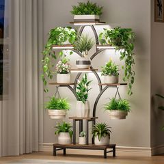 Indoor Plant Stand with Grow Lights, 6 Tiered Tall Plant Shelf for Multiple Plants, 160cm Space-Saving Corner Flower Holder for Home, Living Room, Office & Patio Decor, Rustic Brown