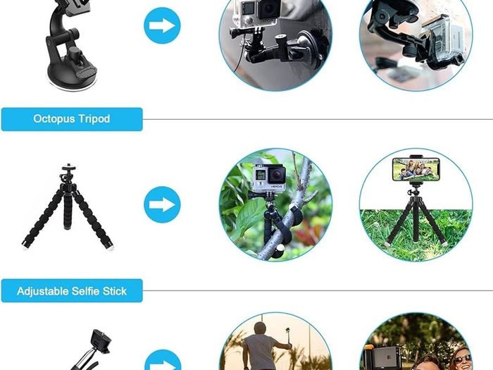 Action Camera Accessories Kit 60-In-1 for GoPro Hero 12 11 10 9 8 7 6 5 Session 4 3+ 3 2 1 Black Silver SJ4000 / SJ5000 / SJ6000 DJI OSMO Action DBPOWER AKASO Xiaomi Yi APEMAN