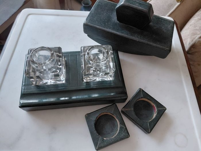 Antique double ink well desk stand with matching desk rocking blotter