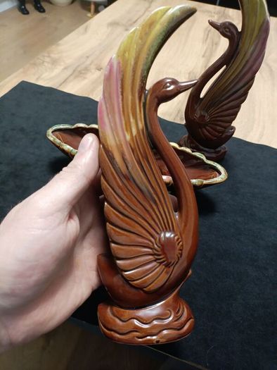 Redware 3 pc Matching Set 2 Swans Figurines 1 Planter Bowl Marked Japan Colorful
