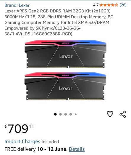 32gb Lexar Ares Gen 2 Ram 32GB Kit (2x16GB) 6000MHz CL28