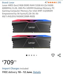 32gb Lexar Ares Gen 2 Ram 32GB Kit (2x16GB) 6000MHz CL28