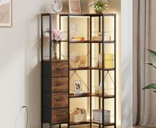 Vintage 5 Tier Corner Shelf Standing with LED Lighting and 4 Drawers, Shelf, Bookcase Cabinet