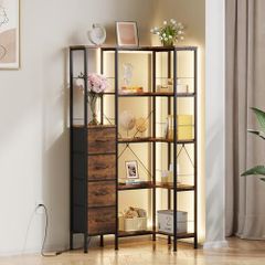 Vintage 5 Tier Corner Shelf Standing with LED Lighting and 4 Drawers, Shelf, Bookcase Cabinet