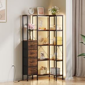 Vintage 5 Tier Corner Shelf Standing with LED Lighting and 4 Drawers, Shelf, Bookcase Cabinet