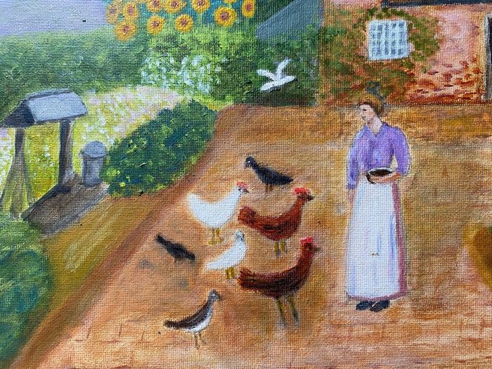 Original Naive Folk Art Painting Cottage Countryside Scene with Chickens by M. Regan