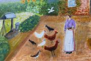 Original Naive Folk Art Painting Cottage Countryside Scene with Chickens by M. Regan