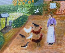 Original Naive Folk Art Painting Cottage Countryside Scene with Chickens by M. Regan