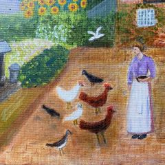 Original Naive Folk Art Painting Cottage Countryside Scene with Chickens by M. Regan