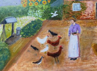 Original Naive Folk Art Painting Cottage Countryside Scene with Chickens by M. Regan