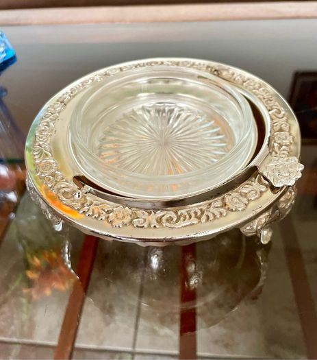 Vintage Silver Colour Roll Top Butter Dish with Glass Insert or Ornate Caviar Server