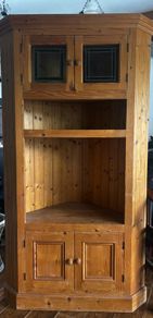 Pine corner cabinet unit with stain glass lead detail