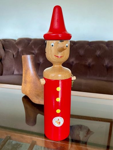 Vintage Tall Wooden Pinocchio Coin Bank with Lock and Keys Red Hand Painted Italy 29 cm