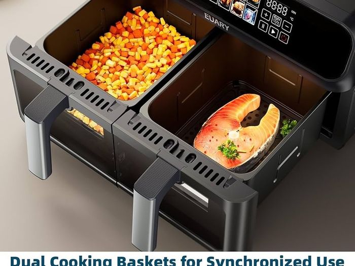 EUARY dual basket  Air Fryer 9L Oil Free 2 Compartments XXL 2800 W Large Capacity, 2 Air Fryer Bins, 12 Cooking Programs, Touch Screen, Appointment Function