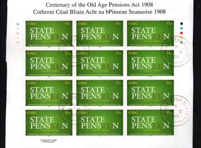 2008 Ireland Centenary of the Old Age Pensions Act Commemorative Stamp Sheetlet Plate 1B1B1B1B1B Fine CDS Used with Dublin cancel of 19th September 2008 (First day of issue)