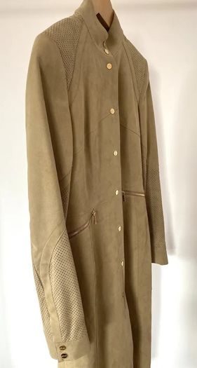 Karen Millen Satin Lined Suede Leather Duster Coat - Beige.