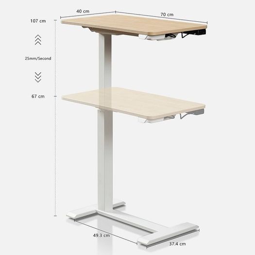 Electric Standing Desk on Wheels with Rechargeable Battery, Small Laptop Table for Bed & Sofa, 70 40cm, Overbed Table Height Adjustable Sit Stand Stand Up Desk, Home Office and Bedroom Desk, Oak