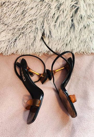River Island Black Heels with Orange Strap & Acrylic Flared Heel Size UK 6 / EU 39