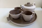 Fabulous Very Rare Vintage MCM Poole Pottery Twintone Tea for One Bachelor Set with Matching Tray All in Colourway C54, Sepia and Mushroom, Streamline Shape, Circa 1950s