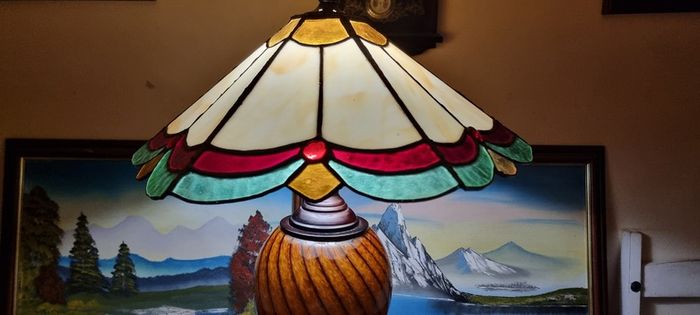 30.5 Inch Tall Large Art Deco Tiffany Style Table Lamp With Metal And Black Striped Amber Glass Stand With Stained Glass Shade