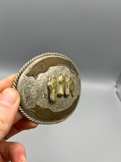 Vintage Alpaca Mexico Western Belt Buckle - Three Horse Heads, Floral Engravings