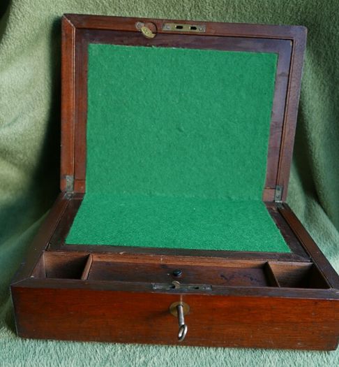 Antique 1800s Wood Folding Portable Travel Writing Lap Desk Campaign Box Case Key