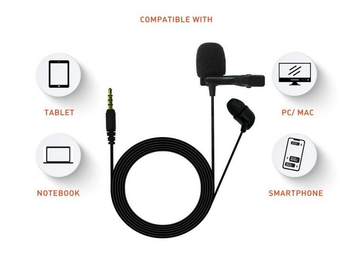 Auxiliary Omnidirectional Lavalier Microphone, Earphone For calls, Video Conferences, And Monitoring, Black, Small