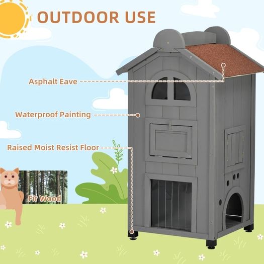 Solid Wood Cat Condos Natural Water Proof Outdoor 2-Floor Pet Shelter