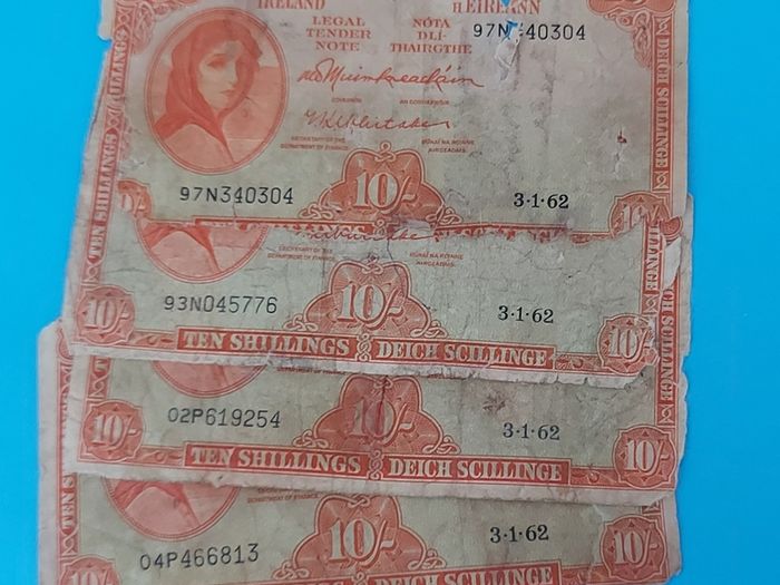 Irish 1962  X 4 Lavery ten shilling banknote in used condition