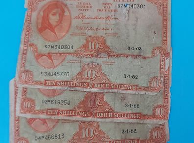 Irish 1962  X 4 Lavery ten shilling banknote in used condition