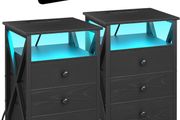 Bedside Table Set of 2 with Charging Station, Side Table with Led Lights