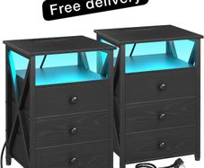 Bedside Table Set of 2 with Charging Station, Side Table with Led Lights