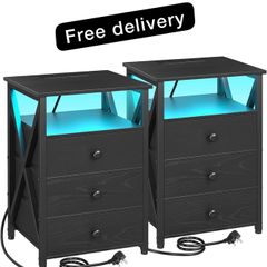 Bedside Table Set of 2 with Charging Station, Side Table with Led Lights