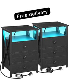 Bedside Table Set of 2 with Charging Station, Side Table with Led Lights