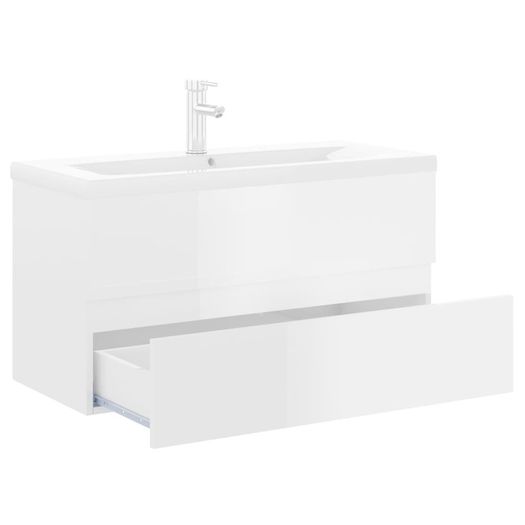 Sink Cabinet with Built-in Basin High Gloss White Chipboard