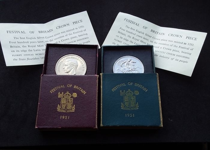 1951 Festival of Britain Crown Coins,- Complete Matching Pair ( Maroon and Teal Sets )