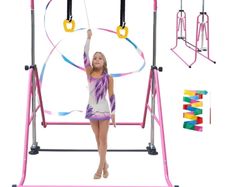 Gymnastics Bar Folding Gymnastics Equipment with Gymnastic Rings Adjustable Height Horizontal Bar for Kids/Home Girls/Children Ages 3-12 Years