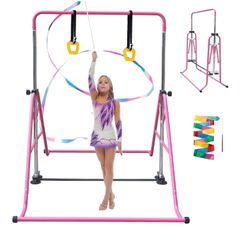 Gymnastics Bar Folding Gymnastics Equipment with Gymnastic Rings Adjustable Height Horizontal Bar for Kids/Home Girls/Children Ages 3-12 Years