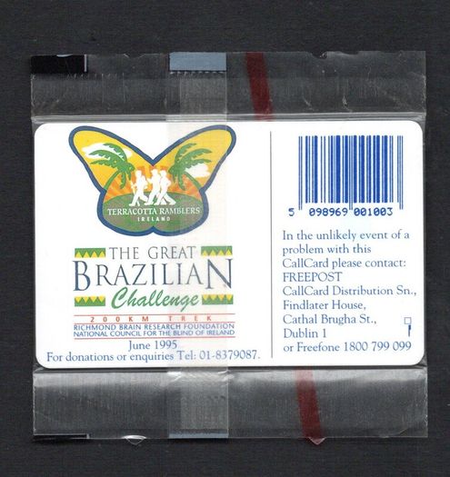 1995 Ireland 100 unit The Great Brazilian Challenge" 700km trek by the Terracotta Ramblers in aid of the Richmond Brain Research foundation (Gemplus GEM1) Call Card Mint in Packaging. Telecom Eireann card number 1089