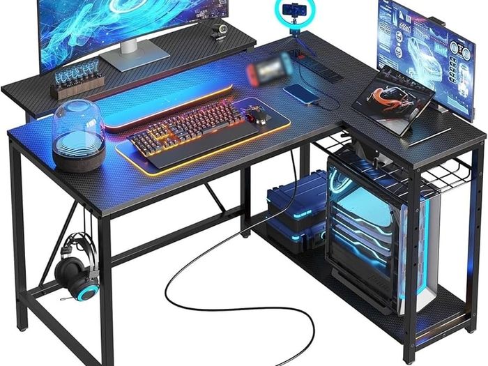 106.5CM L-Shaped Gaming Desk with RGB LED Lights Carbon Fibre Surface, 3 Power Outlets & 2 USB Ports, Reversible Corner Desk with Shelves & Hooks for Home Office & Small Spaces