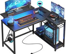106.5CM L-Shaped Gaming Desk with RGB LED Lights Carbon Fibre Surface, 3 Power Outlets & 2 USB Ports, Reversible Corner Desk with Shelves & Hooks for Home Office & Small Spaces