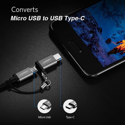 2 X Ugreen Aluminum Alloy OTG Micro USB (Female) to USB-C (Male) QC 3.0/2.0 Charger & Sync Convertor Adapter with Key Chain (Brand New/Warranty)