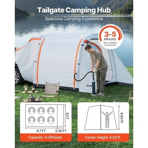 Inflatable SUV Tent with Awning, 2.44 x 2.04m 3-Season SUV Tailgate Tent with Ventilated Doors & Mesh Window, PU2000mm Waterproof Car Rear Hatch Tents for Outdoor Camping - Air Pump Included