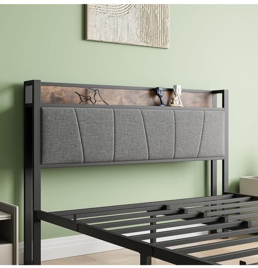 Double Bed Frames with Storage Headboard,Heavy Duty Metal Upholstered Platform Bed Frame