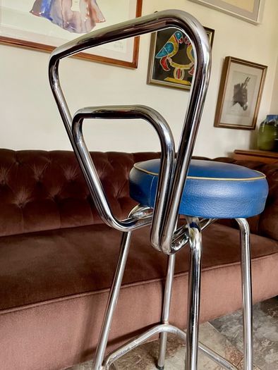 Mid 1959s Art Deco Inspired Chrome Bar Stool with Original Seat Top