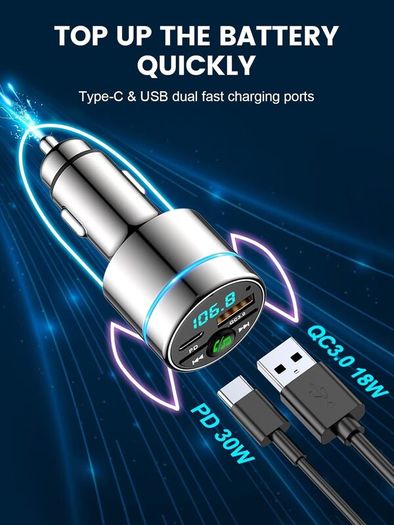 Bluetooth Car Adapter 5.3, Mohard All-Metal PD 30W & QC3.0 18W Fast Car Charger, Wireless FM Radio CarCigarette Lighter FM Transmitter for Car, Noise Cancelling Hands-Free Call Hi-Fi Music, Ring Light